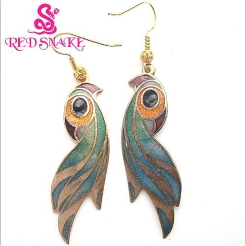 RED SNAKE Fashion Jewelry Cloisonne Enamel Charm Amazing Beautifully green Feather Shaped Drop Earrings