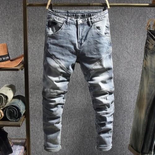 European Street Fashion Men Jeans Retro Light Blue Elastic Slim Fit Spliced Designer Biker Jeans Men Hip Hop Denim Punk Pants
