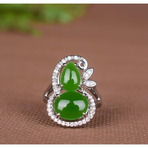Natural Green Hetian Jade 925 Silver HULU Ring Chinese Jadeite Amulet Fashion Charm Jewelry Hand Carved Crafts Gifts