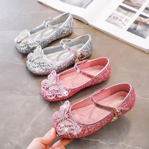 2021 New Korean Girls Spring and Autumn Fashion Butterfly-knot Princess Shoes Childrens Crystal Soft Sole Childrens Shoes Hot
