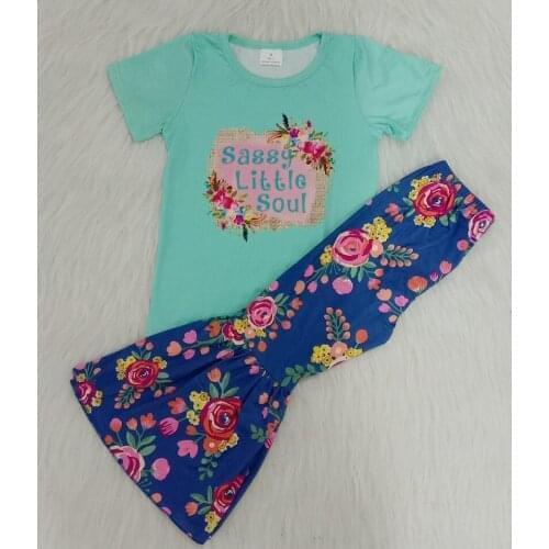 2020 spring childrens girls new clothes green short-sleeved shirt flared pants floral print fashion suit sweet girls clothing