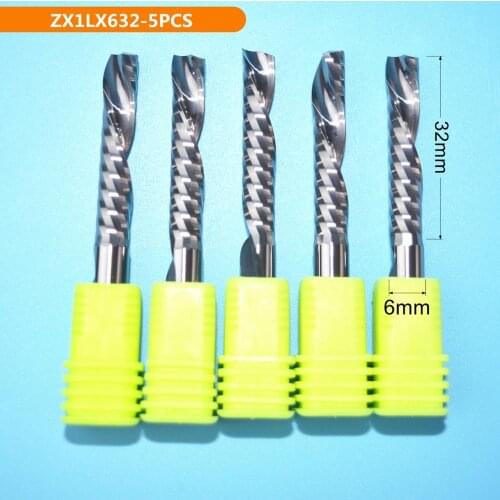 5 PCS-6*32mm One Single Flute Down Cutter,Left Helical Carbide Milling Tool Bit for Cutting Grooving Wood, Plastic Board PVC