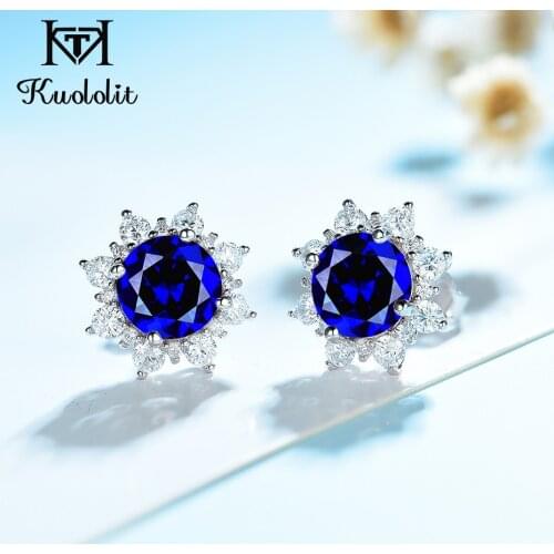 Kuololit Blue Sapphire Stud Earrings For Women 100% Solid 925 Sterling Silver Gemstone Christmas Jewelry Engagement Gift Fashion
