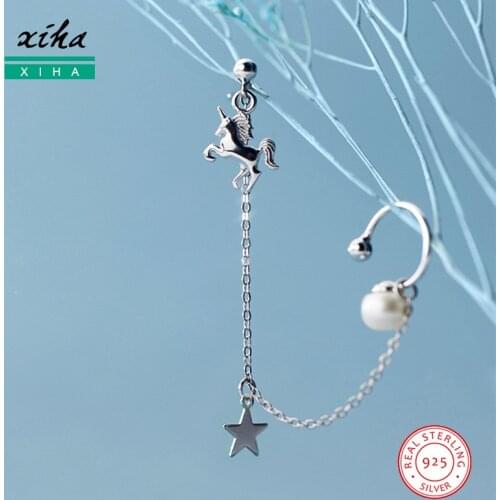 925 Sterling Silver Horse Animal Long Chain Tassel Clip on Earring for Women Teens Girls Kid Pearl Star Ear Cuff Earcuff Jewelry