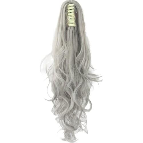 Soowee 24inch Long Gray Blonde Wavy Clip on Hairpiece Extensions Pony Tail High Temperature Fiber Synthetic Hair Claw Ponytails