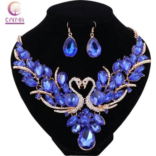 Wedding Gold color Chain Colorful Crystal Pendant Necklace Fashion Design Swan Jewelry Sets Necklaces Earring For Women