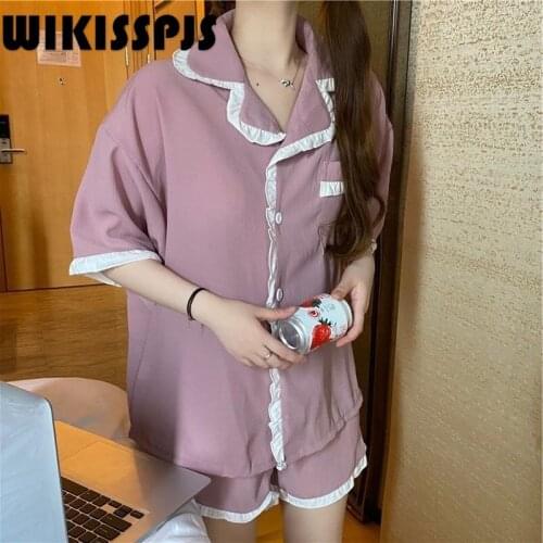 WIKISSPJS 2021 Summer New Korean Ear Edge Short Sleeve Relaxed Comfortable Cardigan Casual Home Wear Womens Pajamas Sleep Tops