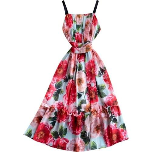 2021 Summer vintage printed chiffon dress women spaghetti strap slim a-line beach dress