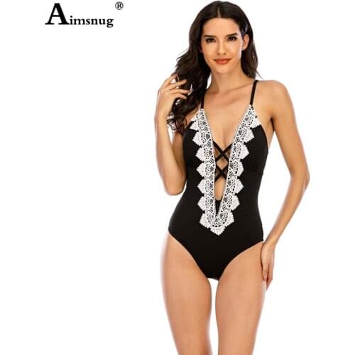 Aimsnug 2021 Patchwork Lace Swimwear Women Bandage One Piece Swimsuits Monokini Bathing Suit Female Sexy V-neck Onesie Beachwear