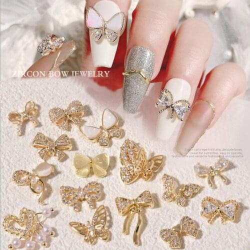 1Pieces Pendant Chain 3D Alloy Butterfly Nail Art Zircon Crystal Pearl Metal Manicure Nails DIY Accessories Decoration Newest