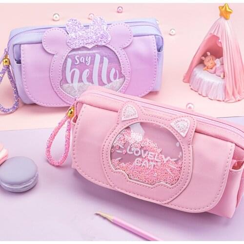 Quicksand Oil Pencil Case Kawaii Cat Rabbit PU Canvas Glitter Pen Pouch Pencilcase Pencil Bag Estuches School Supply Stationery