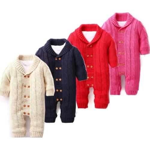 Baby Knitted Romper 0-18 Months Thick Cotton Turn-down Collar Double Breasted Autumn Winter Infant Boy Girl Baby Clothing