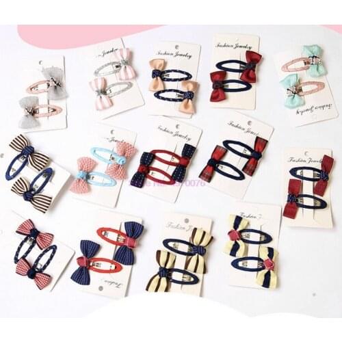 DHL 500pair 2pcs/pair Grid Stripe Satin Bow With Ribbon Covered BB Clip Girls Handmade Boutique Mini Hairpin
