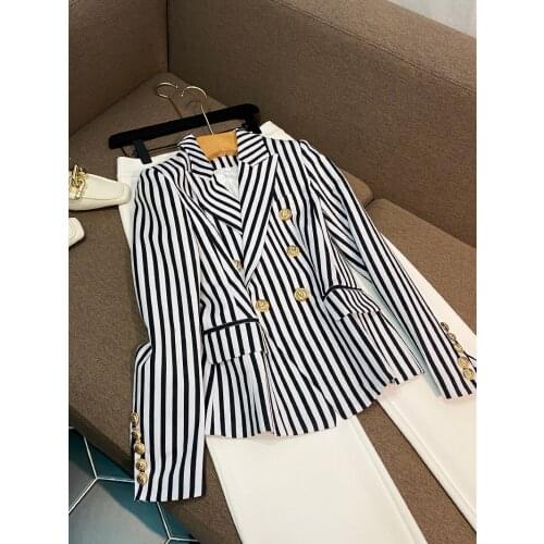 2019 Designer Blazer Womens Lion Buttons Double Breasted Classic blue & white ,black & white Striped Print Blazer Jacket