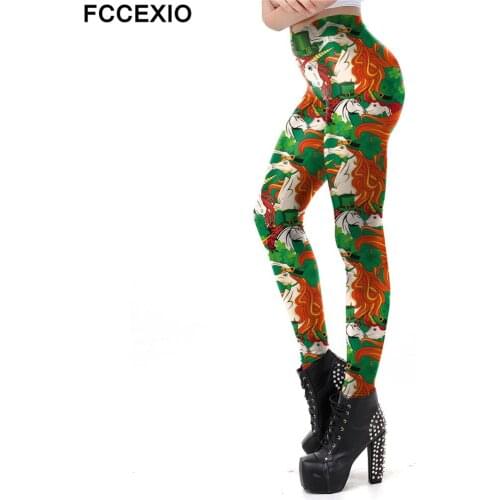 FCCEXIO New Design Lucky Clover Leggings Women Patricks Day Unicorn 3D Printed Workout Fitness Leggins Skinny Plus Size Legging