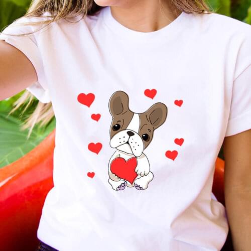 Cute Dog With Heart Colored Printed 100%Cotton Womens T Shirt Summer Funny Casual O-Neck Short Sleeve Tops Dog Mom Life Tee