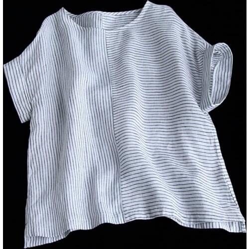 Literature and art fresh striped stitching linen t-shirt womens summer new loose cotton and linen short-sleeved top