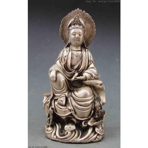Chinese Buddhism White Copper Silver lotus flower Kwan-yin Guan Yin Boddhisattva copper Decoration real Brassroom Art Statue