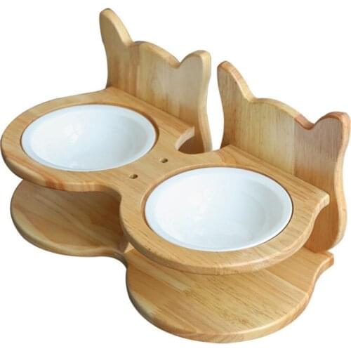 Cat Dog Pet Stainless Steel/ceramic Feeding And Drinking Bowls Combination With Bamboo Frame For Dogs Cats Cw246