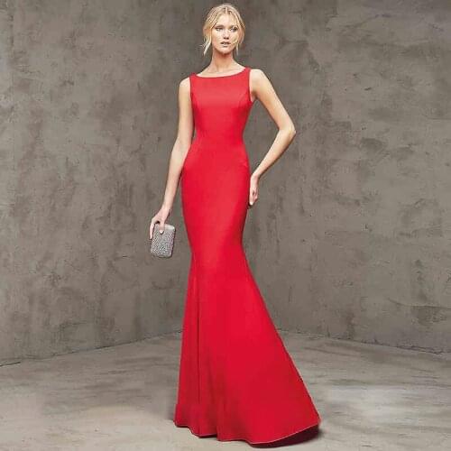 Red Evening Dresses Lace Elegant New Bow Simple O-neck Sleeveless Floor-length Mermaid Plus size Women Formal Party Dress C006