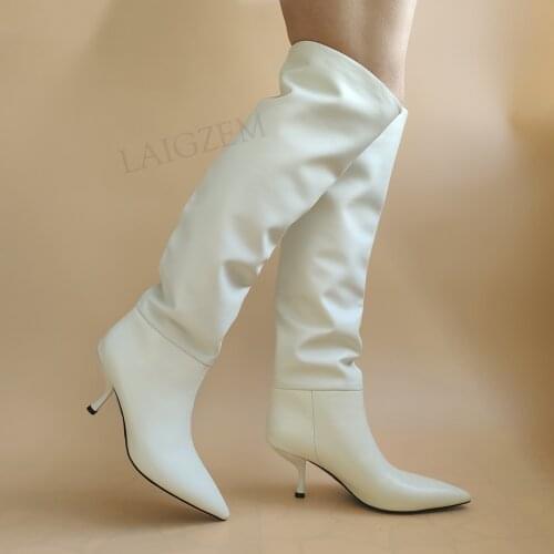LAIGZEM SUPER Women Knee High Slouch Boots Leather 5CM Kitten Heels Stretch Pull On Boots Spring Summer Shoes Woman Size 39 40