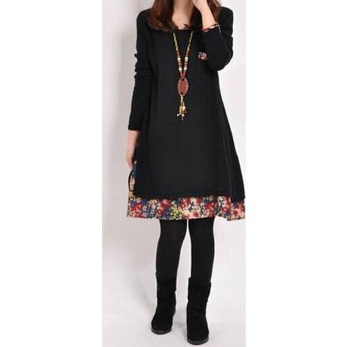 Fashion Women Vintage Dress Round Neck Pocket Floral Hem Long Sleeves Casual Loose Loose Cotton Linen Mini Dress