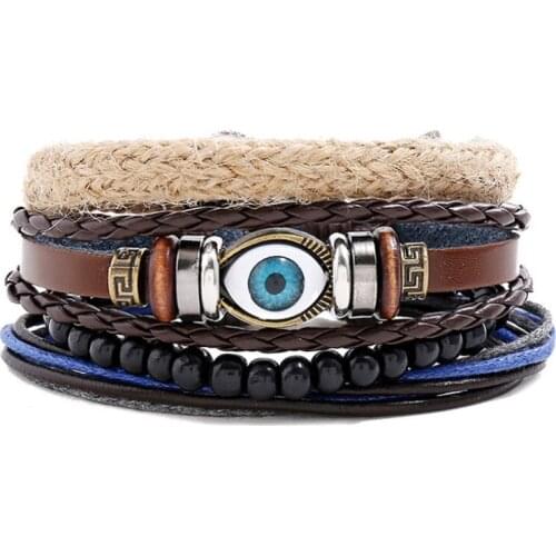 Fashion Turkish Evil Eye Man Leather Bracelet Set Multilayer Bead Braided Lucky Wristbands Charm Wrap Bangle Retro Woman Jewelry
