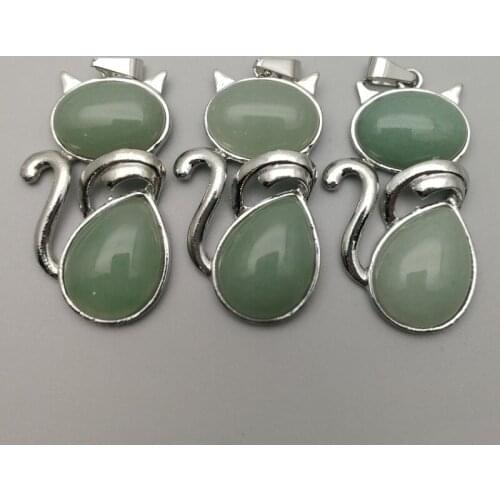 Fashion natural Aventurine Stone Pendants for Women Girl Cute Cat Shape Necklaces Rock Chain Reiki Jewelry 6pcs free shipping