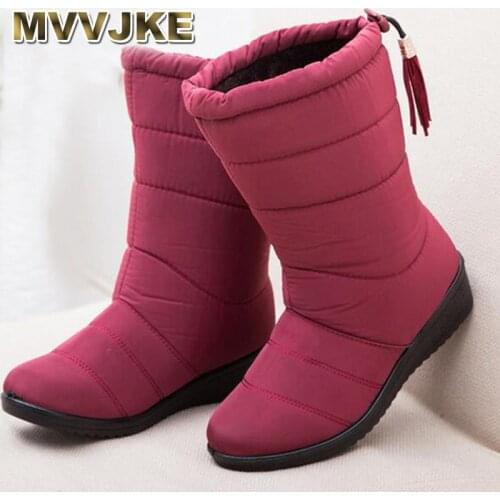 MVVJKE Women Boots black red Mid-Calf Riding Boots Russia Winter Waterproof Keep Warm Snow Boots Down Shoes