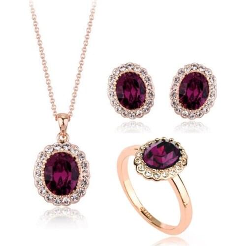 Ociki Rose Gold Color Jewelry Set Cubic Zirconia CZ Purple Crystal Wedding Chokers Necklace Earrings and Ring for Women Gift