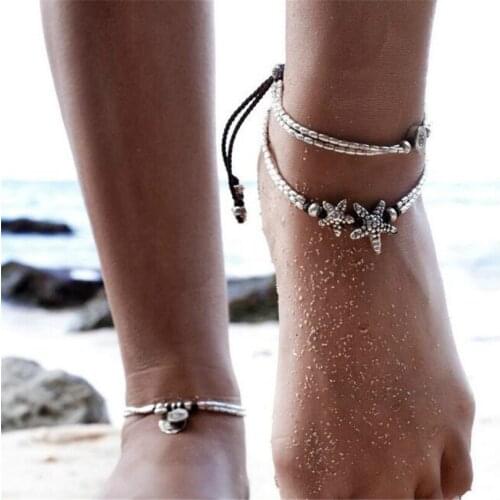 2018 New Pendant Anklet Starfish Charm Double Chain Anklet Retro Feet Jewelry National Rune Yoga Pendant Anklet Beach Foot Ring
