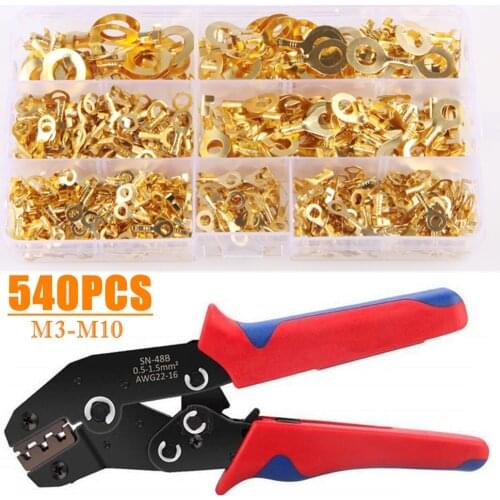 540pcs M3-M12 Electrical Wire Crimp Terminals Connerctors Non-Insulated Ring Lugs Cable Connector Crimper Plier Tools Set