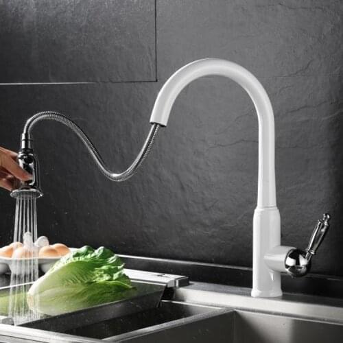 Solid brass Single Handle Pull Down Sprayer Kitchen Faucet, Pull Out Kitchen Faucets,White