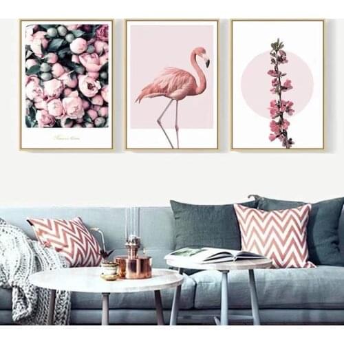 Modern Minimalist Romantic Pink Flamingo And Rose Poster Living Room Sofa Bedroom Background Wall Decoration Painting Core