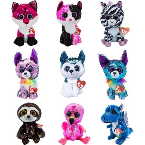 Ty Big Eyes Beanie Sequins Fox Cat Dog Zebra Dragon Chihuahua Sloth Flamingo Soft Plush Animal Doll Toy Child Birthday Gift 15CM