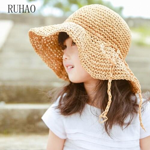 RUHAO Kids Summer Straw Hat Girls Hand Made Beach Cap Foldable Breathable Summer Parent-child wide brim floppy visors hat