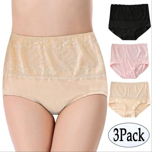 M-6XL Sexy Lace Panties Womens Cotton Underwear Breathable Comfy Briefs High Waist Hip Lifting Underpants Female Lingerie 3PC