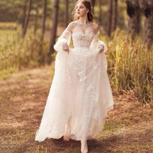 Spring Boho Wedding Dress 2021 Detachable Puff Sleeve Long Bridal Dresses A Line Lace Vintage Wedding Gowns for Beach Korea