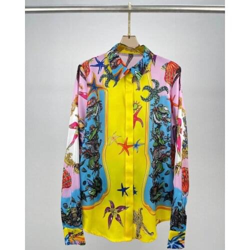 Designer Runway Fashion Blouse Womens Long Sleeve Flowers Print Turn down Collar Color Patchwork Ladies Shirt