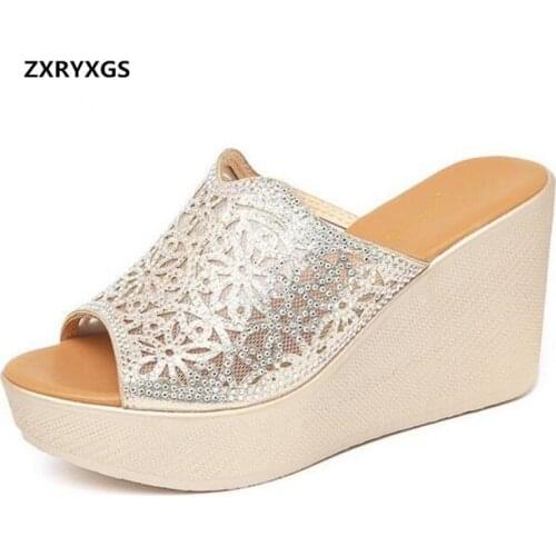 2020 New Plus Size Rhinestone Wild Cool Summer Shoes Women Sandals Slippers Non-slip High Heels Wedges Sandals Fashion Slippers