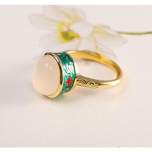 Natural Hetian Jade S925 Sterling Silver Retro Ethnic Palace Style Enamel Hetian Jade Ring Womens Open Ring