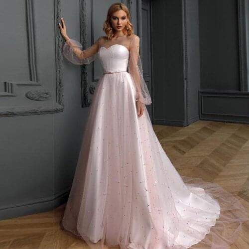 2021 Full Beading Wedding Dresses Illusion Scoop Tulle A Line Dusty Pink Bridal Gowns Corset Open Back Floor Length Bride Dress