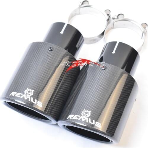 Car Exhaust Tail Pipes Glossy Carbon Black Tail End Stainless Steel Curly Flange Muffler Tip With Remus Logo