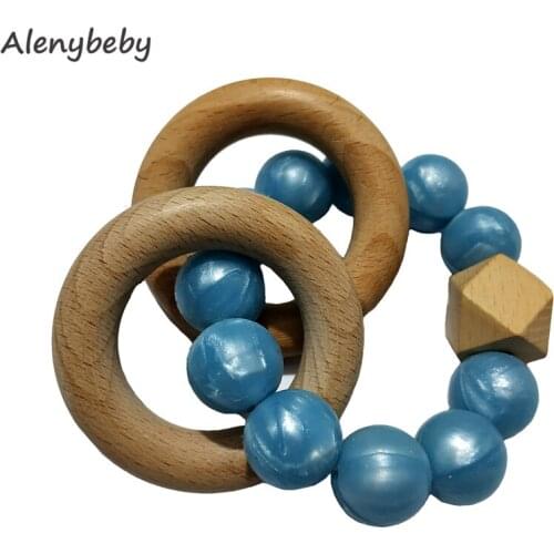 Baby Teether Bracelet Food Grade Silicone Teether Beech Wooden Teether Ring Nursing Safe Organic Bangle Newborn Teether Toys