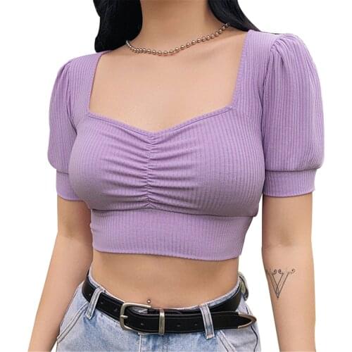 Elegant Womens Shirts Tops 2021 Retro Puff Sleeve Square Collar Solid Color Fashion Women Cotton Blouse Shirts Roa De Mujer New