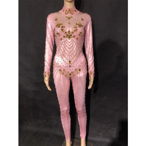 Women New Sexy Pink Color Jumpsuit Big Glass Sparkling Crystals Bodysuit Nightclub Party Stage Wear Performance Bling Costumes