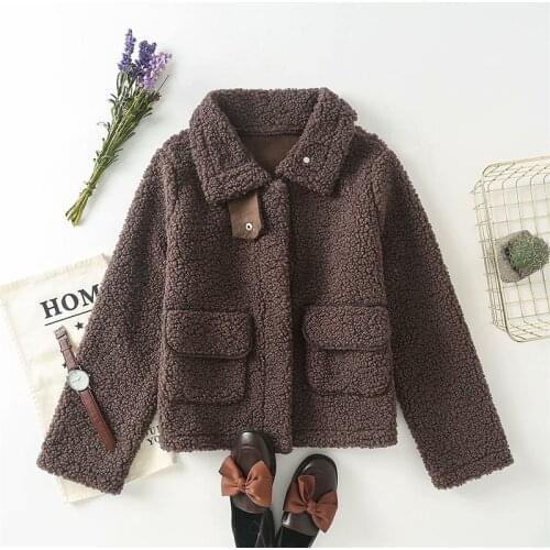 Evfer Women Winter Fashion Brown Teddy Cashmere Thick Jackets Female Casual Turn-Down Collar Pockets Faux Woolen Jacket Outwear