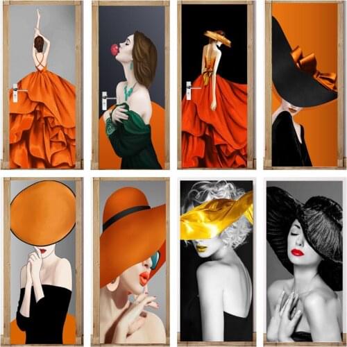 Fashion Modern Girl Wallpaper Door Sticker Porch Corridor Decoration Poster Adhesive Waterproof Wall Decal Mural Home Art Decor
