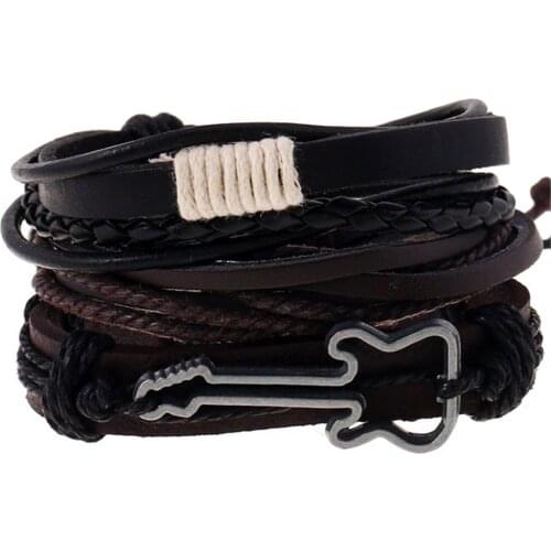 Guitar Believe DIY Vintage 4 Pcs/set Handmade Woven Beads Strand Men Brown Leather Men Bracelets For Women Homme Femme Jewelry