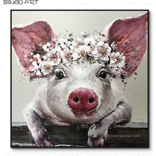 New Painting Hand-painted High Quality Funny Design Pig with Wreath Oil Painting Handmade Cute Pig Oil Painting for Living Room